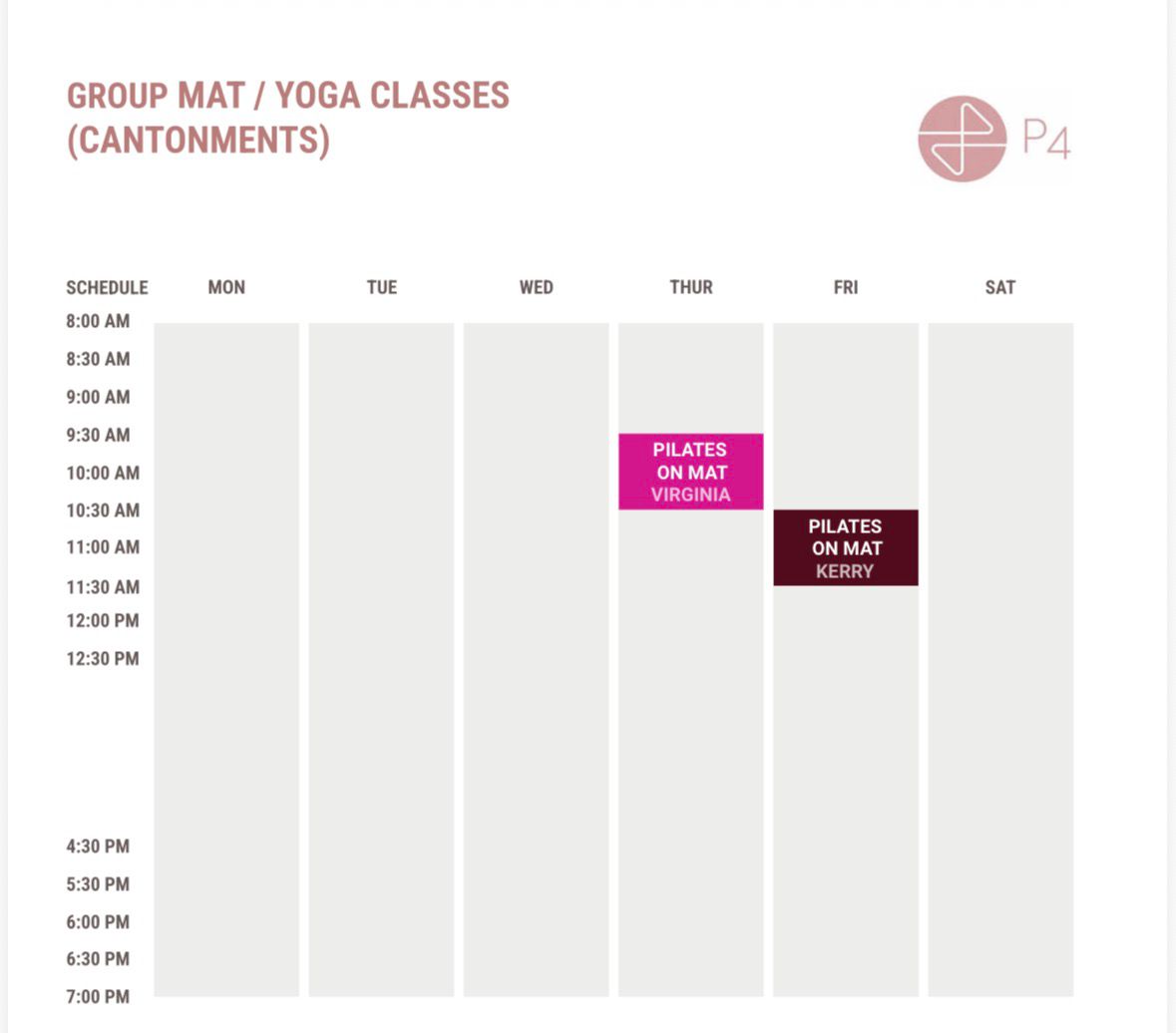 Scheduled calendar for Mat and Yoga classes